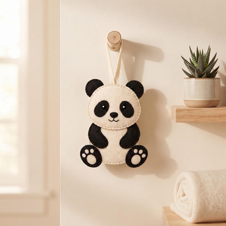 Handmade panda felt ornament hanging from a loop in a cozy home setting, showing the finished black and cream panda design.