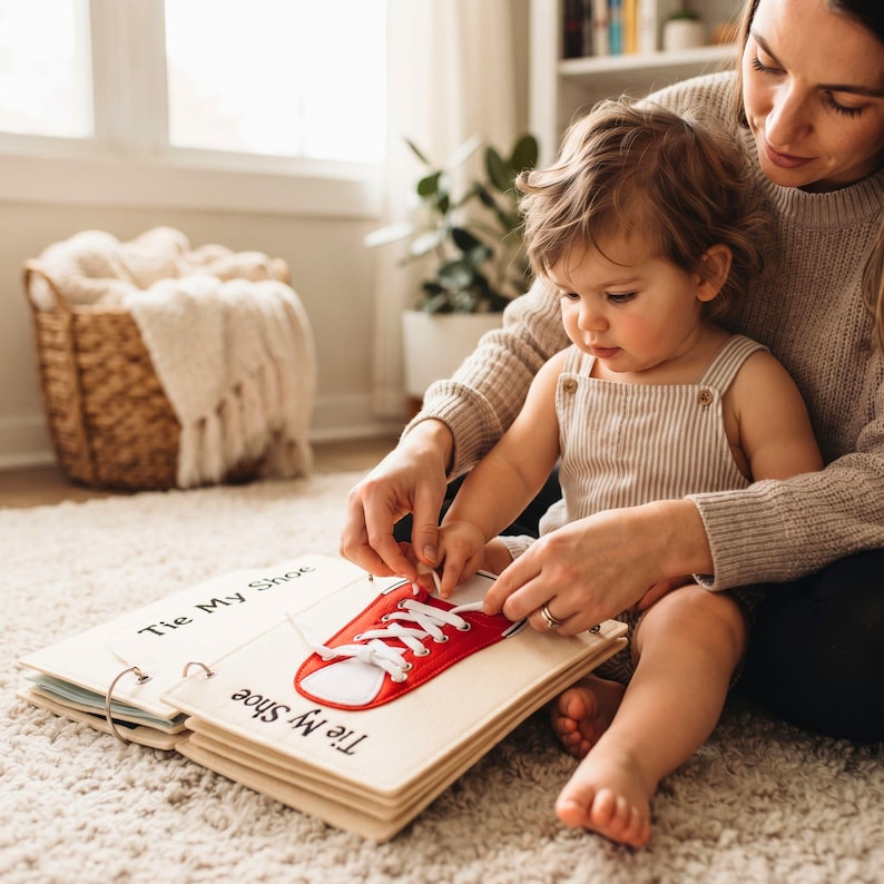Mother guiding a toddler's fingers to tie shoelaces on an interactive Montessori felt quiet book page.