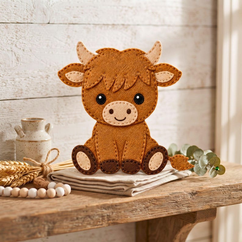 Highland Cow digital sewing pattern PDF for handmade felt ornament