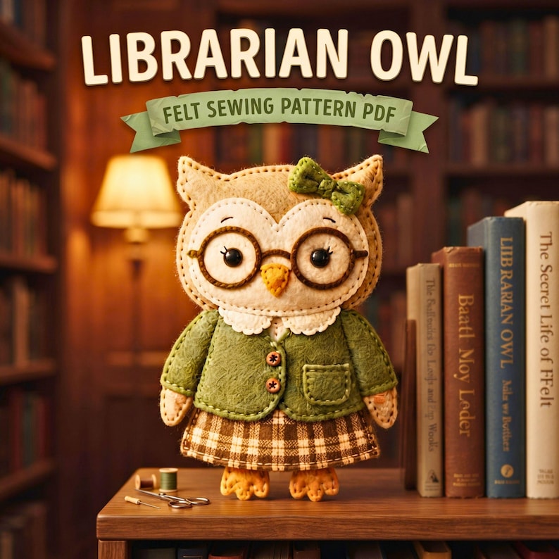 Owl Felt Sewing Pattern PDF, Librarian Owl Book Lover Ornament DIY, Owl Felt Craft, Teacher Gift