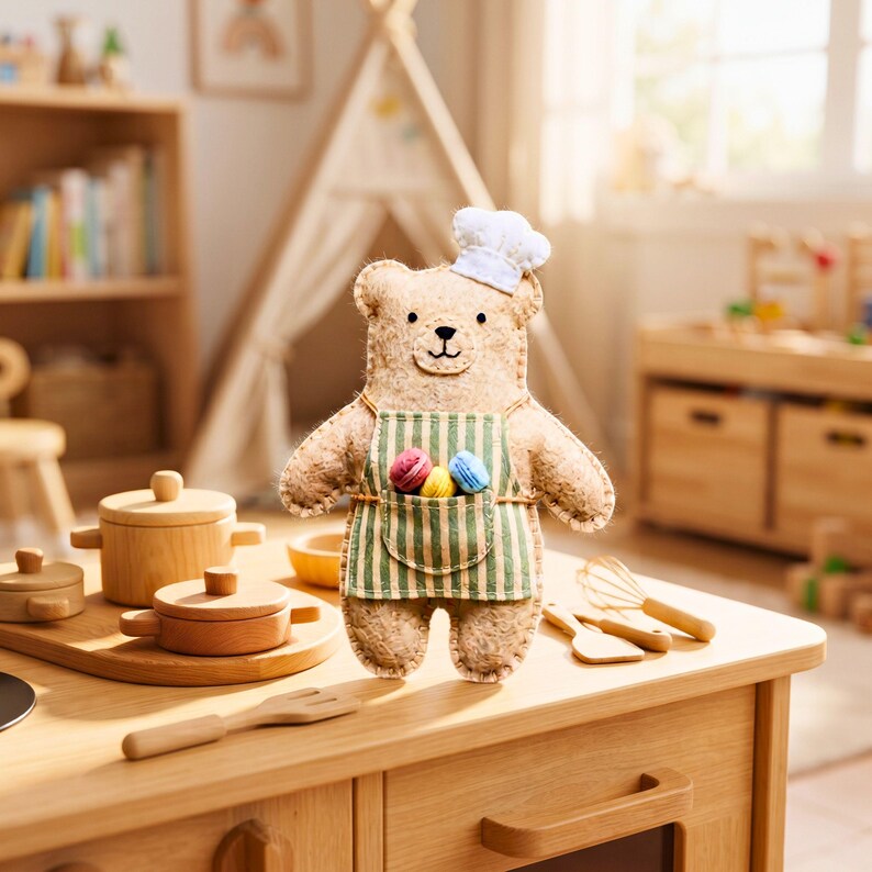 Cute bear baker felt ornament with detailed face, apron and chef hat