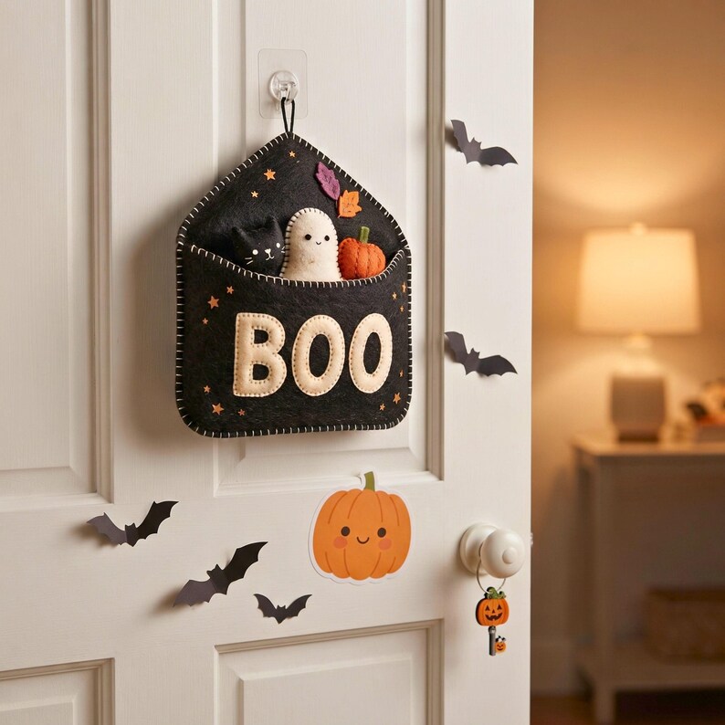 Halloween Envelope Felt Sewing Pattern, BOO Ornament PDF, Ghost Cat Pumpkin, Hand Sewing Pattern, Halloween Decor