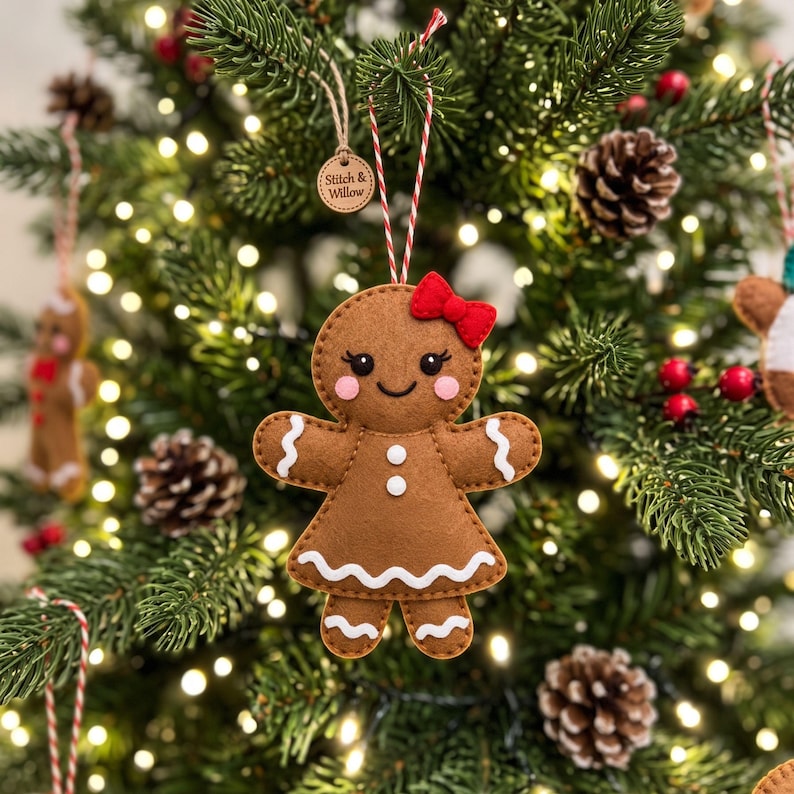 Handmade felt gingerbread girl ornament showing the brown body, red bow, pink cheeks, white hand and foot decorations, skirt detail and buttons.