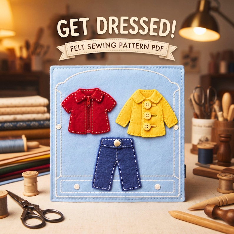 Get Dressed Felt Busy Book Page Pattern, PDF Sewing Pattern, Zipper Button Snap Practice Page, Montessori Toddler Activity