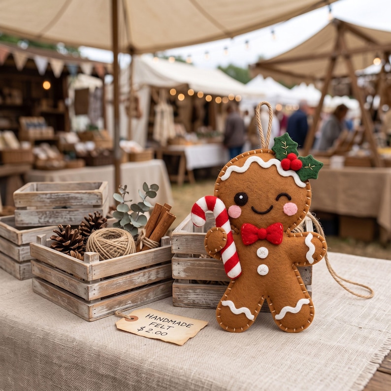 Gingerbread felt ornament sewing pattern PDF showing materials, pattern pieces, measurements, and step-by-step assembly instructions.