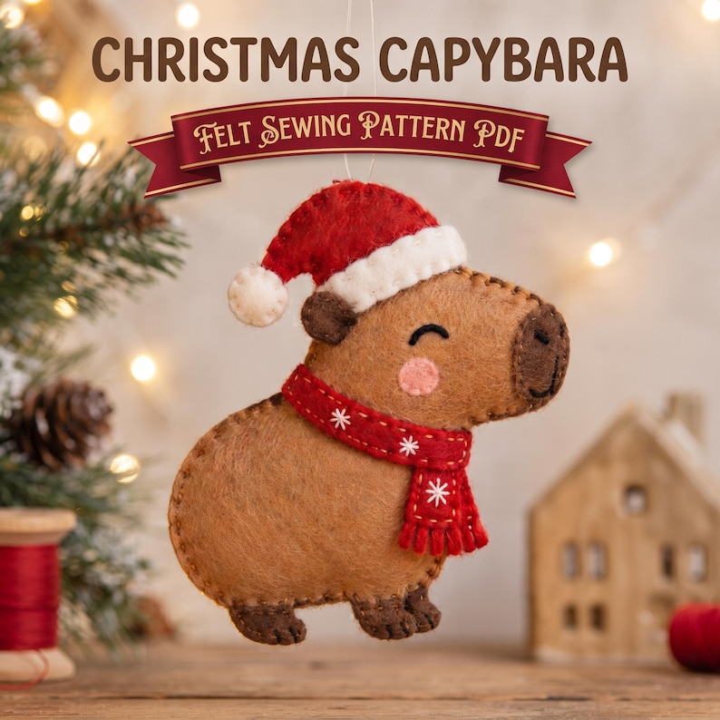 Christmas Capybara Felt Ornament PDF Pattern, Woodland Holiday Sewing Template, Cute Winter Animal DIY Holiday Decoration Craft Guide