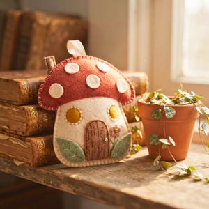 A cozy cottagecore shelf styled with a small potted plant and the felt mushroom ornament resting against a stack of vintage books.