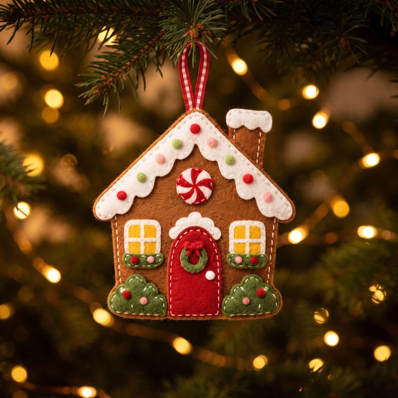Felt gingerbread house Christmas ornament hanging on pine tree branch with white icing roof and red door