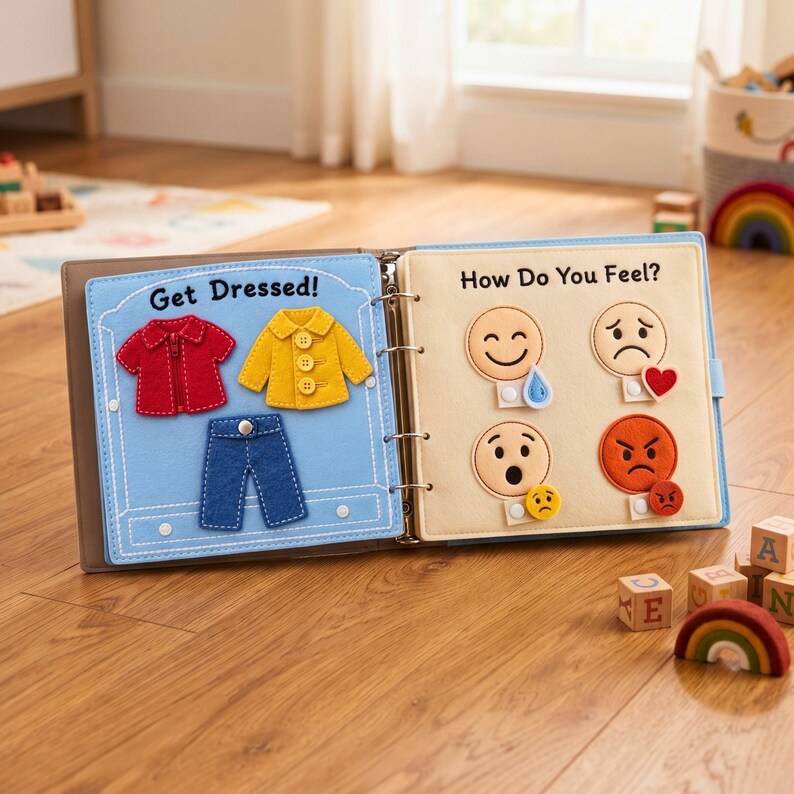 Felt Get Dressed busy book page bound into quiet book alongside emotions themed page