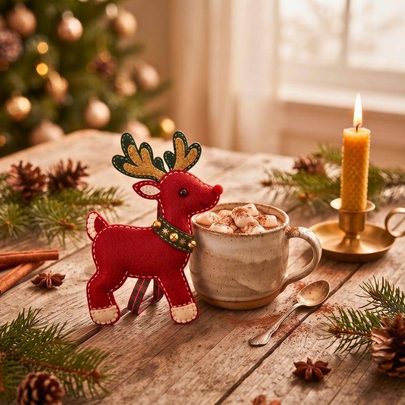 Reindeer felt sewing pattern PDF showing measured templates, materials, felt colors and step-by-step hand sewing instructions.