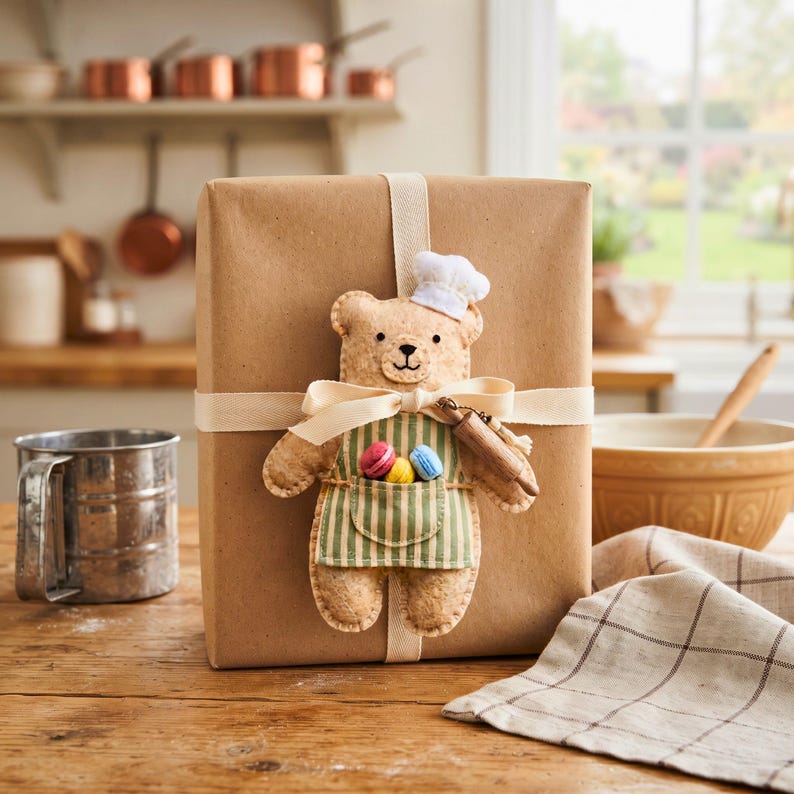 Felt bear ornament dressed as a baker with chef hat and apron