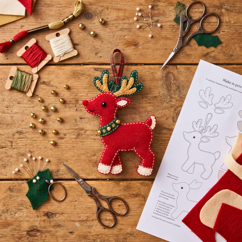 Set of three felt reindeer Christmas ornaments in different colors hanging on wooden display