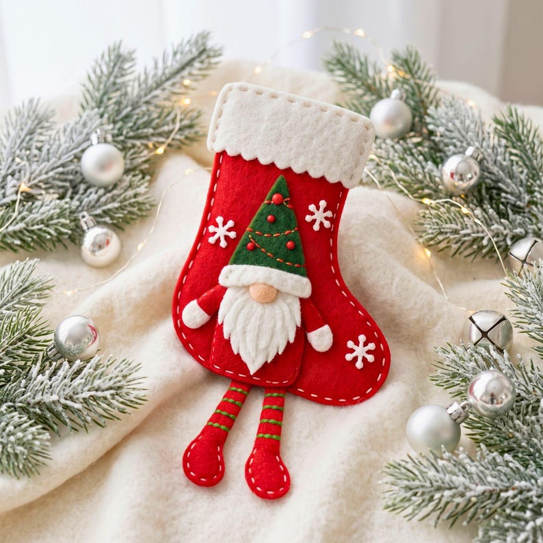 Handmade felt Christmas gnome stocking showing the red stocking body, white cuff, green hat, beard, legs, shoes and decorative details.