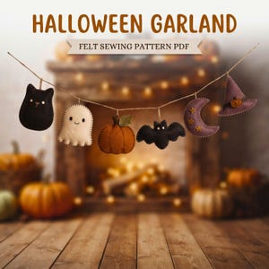 Felt Halloween Garland Pattern, Cat Ghost Pumpkin Bat Moon Witch Hat, PDF Download
