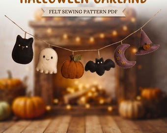 May include: A Halloween garland felt sewing pattern PDF featuring a string of felt ornaments including a black cat, a white ghost, an orange pumpkin, a black bat, a purple crescent moon with stars, and a purple witch hat with a small pumpkin.