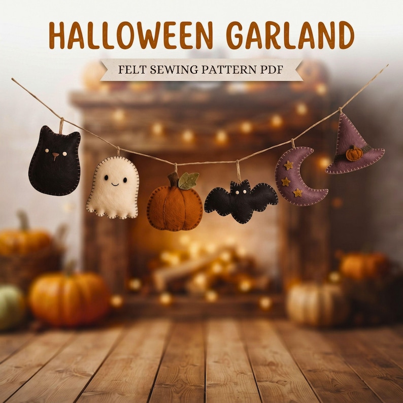 Felt Halloween Garland Pattern, Cat Ghost Pumpkin Bat Moon Witch Hat, PDF Download