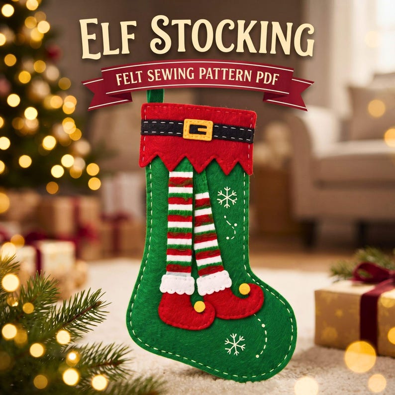 Elf Stocking Pattern PDF, Christmas Elf Stocking Sewing Pattern, Felt Elf Ornament, Christmas DIY