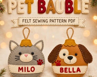 Patrón de adorno navideño para mascotas, costura en fieltro de gato y perro PDF con nombre personalizado