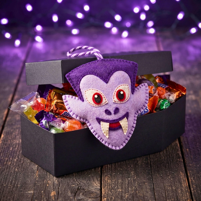 Felt vampire ornament draped over a coffin-shaped treat box filled with candy and purple fairy lights.