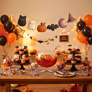 Felt Halloween garland hung across a child's bedroom doorway with Halloween decorations