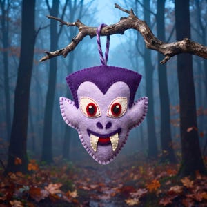 Felt vampire ornament hanging from a bare branch in misty autumn woods at dusk.