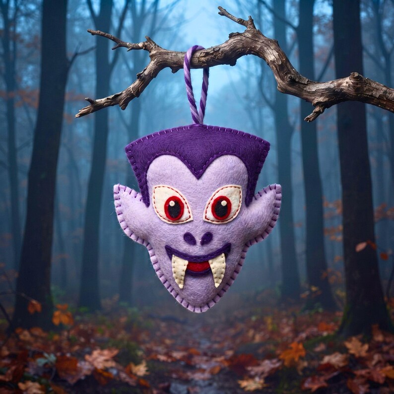 Felt vampire ornament hanging from a bare branch in misty autumn woods at dusk.