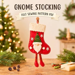 Patrón PDF para calcetín navideño de gnomo de fieltro, calcetín navideño de gnomo, adorno navideño de fieltro, costura a mano.