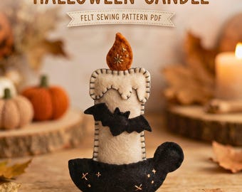 Puede incluir: Un patrón de costura en PDF de fieltro para una vela de Halloween que presenta una vela color crema con diseño de cera derretida, una llama naranja oscuro con bordado de estrellas doradas y un aplique de murciélago negro sobre una base negra.