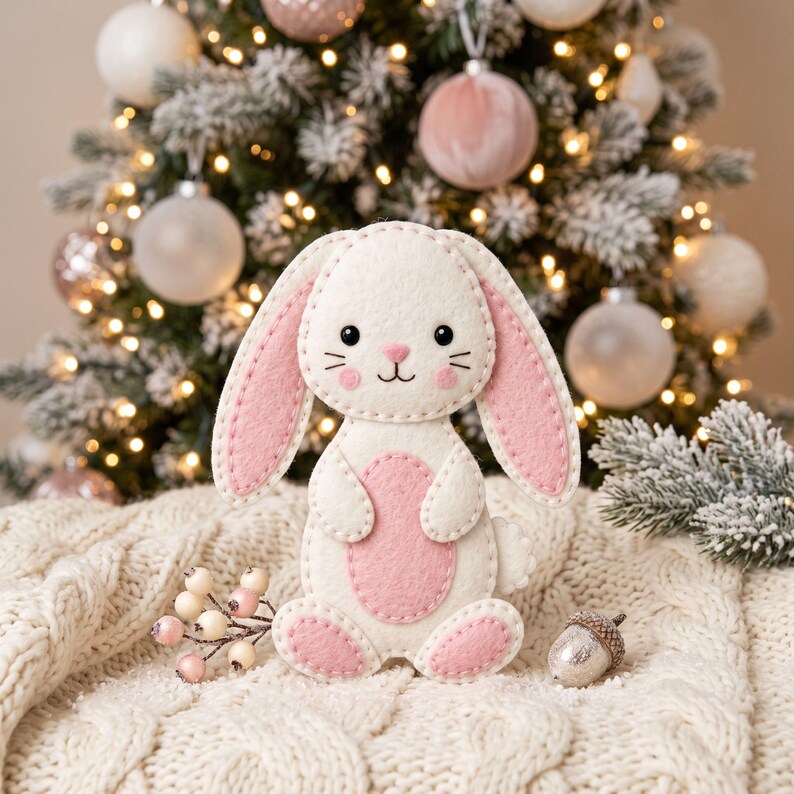 Close-up of a felt bunny face with black eyes, small pink oval nose, pink cheeks, and long ears with soft pink inner ear pieces.