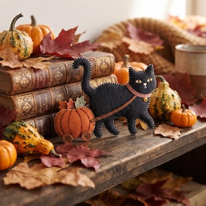 Felt black cat ornament styled on a wooden shelf next to mini pumpkins and autumn leaves.
