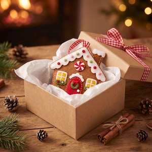 Close-up of a felt gingerbread house ornament showing the red peppermint candy, white roof icing, chimney, yellow windows, green wreath and colorful gumdrop details.