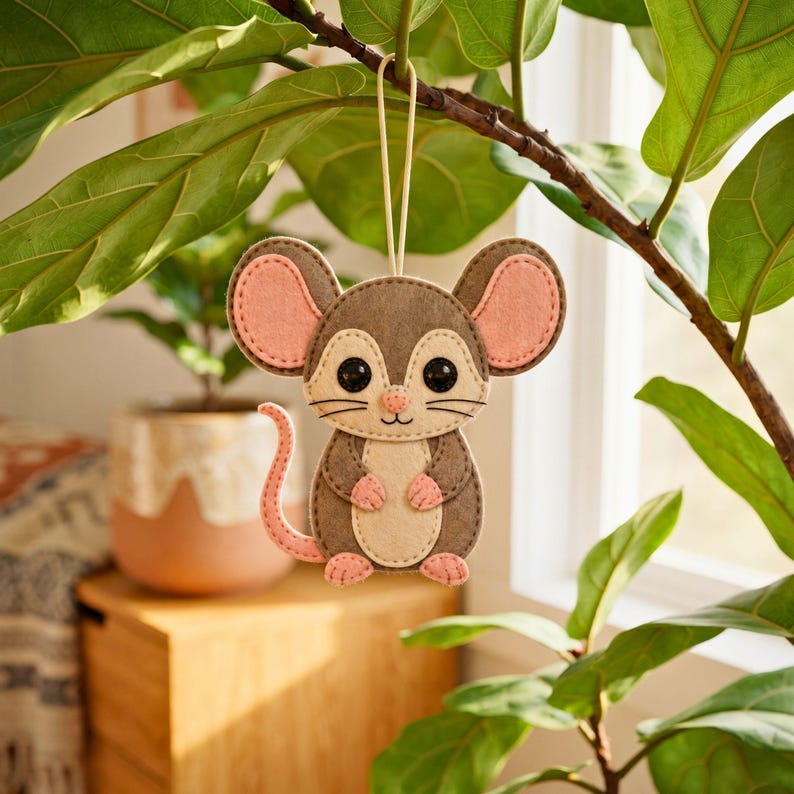 Handmade Dumbo Rat felt ornament with large rounded ears, grey body, cream face and chest, pink ears and nose, black eyes, whiskers, and curled pink tail.