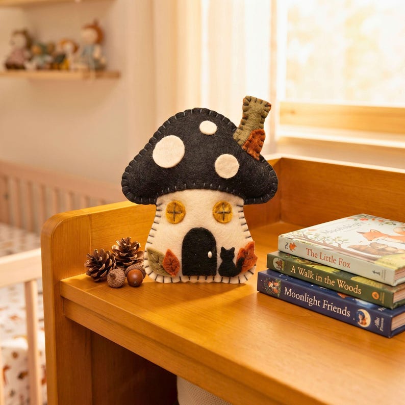 Felt mushroom house ornament on a woodland nursery shelf with pinecones and books