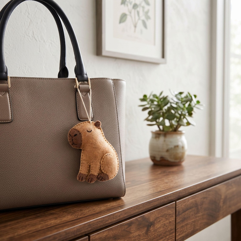 Capybara felt ornament with hand-stitched edges, dark brown front paws and back paw, embroidered toe lines and lightly stuffed body.