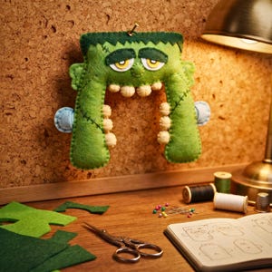 Green felt Frankenstein monster ornament pinned to a corkboard above a sewing desk with felt scraps and thread spools.