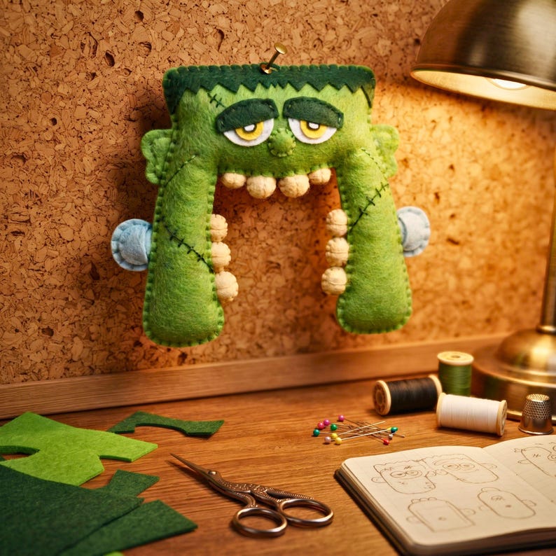 Green felt Frankenstein monster ornament pinned to a corkboard above a sewing desk with felt scraps and thread spools.