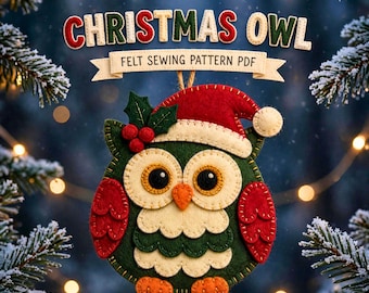 Patrón en PDF de búho, adorno navideño de fieltro con forma de pájaro, decoración de gorro de Papá Noel