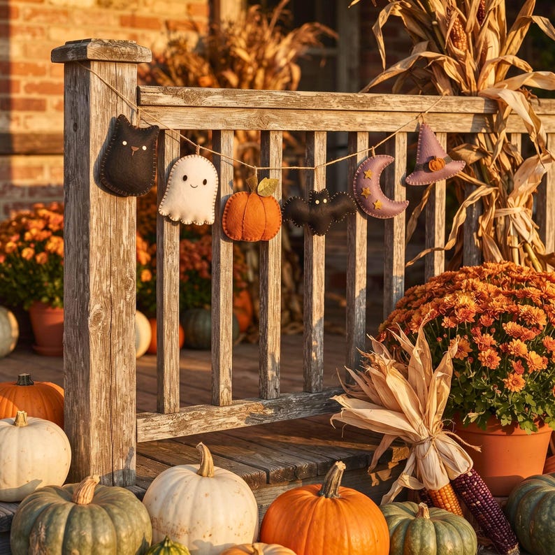 Felt Halloween garland hanging on a rustic porch railing surrounded by pumpkins and fall mums