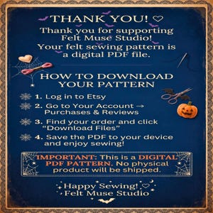 May include: A dark blue digital instruction card for Felt Muse Studio featuring white text, spiderweb graphics, a small pumpkin, and scissors. The text explains how to download a digital PDF sewing pattern from Etsy, noting that no physical item is shipped.