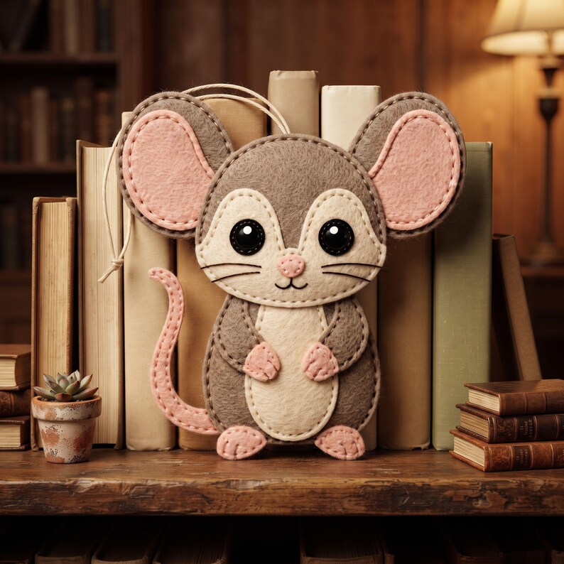 Close-up of a Dumbo Rat felt ornament with rounded ears, cream face, pink nose, black eyes, embroidered whiskers, and a small stitched smile.