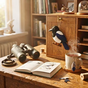 Felt magpie ornament on a birdwatcher's desk with binoculars and a bird field guide