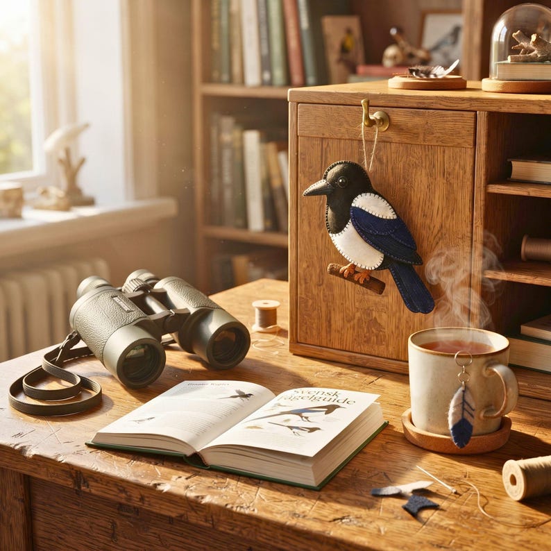 Felt magpie ornament on a birdwatcher's desk with binoculars and a bird field guide