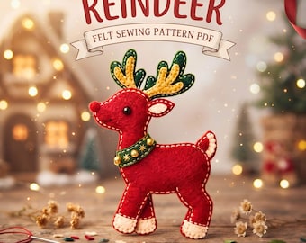 Patrón de costura PDF de adorno de reno de fieltro, Patrón de reno navideño, Ciervo de fieltro DIY, Costura a mano