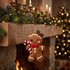 Gingerbread felt ornament shown from another view with brown felt body, pink cheeks, decorative straps, bow, leaves, and candy cane.