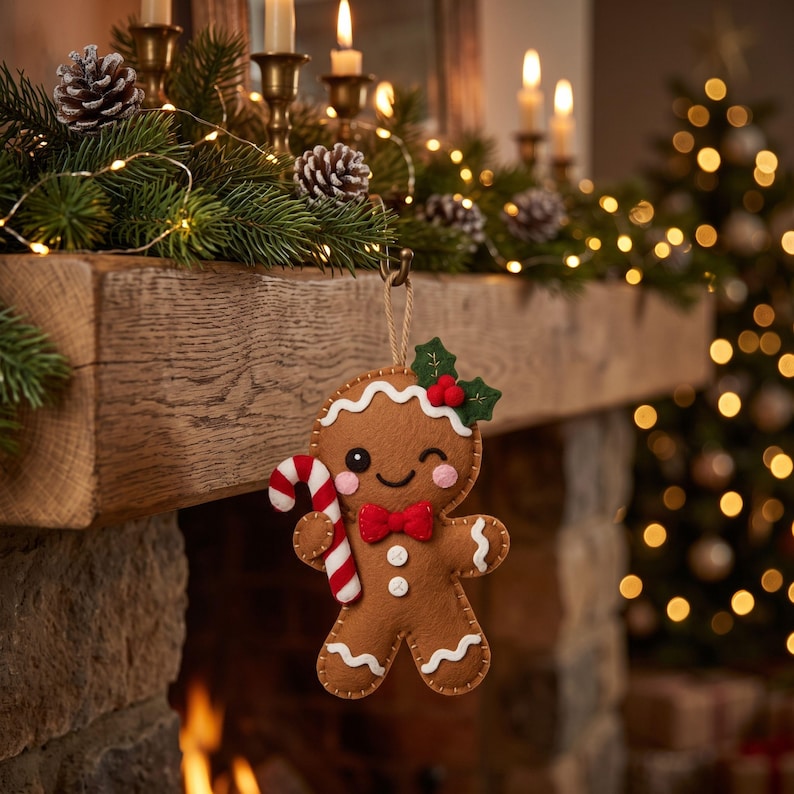 Gingerbread felt ornament shown from another view with brown felt body, pink cheeks, decorative straps, bow, leaves, and candy cane.