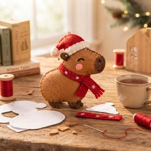 Crafting workspace featuring paper pattern templates, cut felt pieces, and sewing supplies for a handmade holiday ornament.