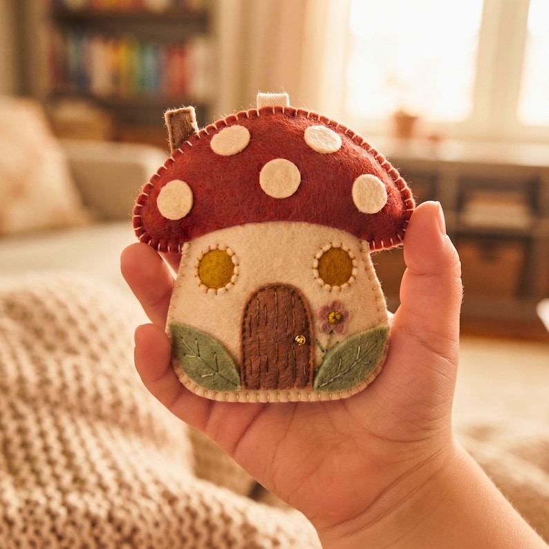 A child's hand holding the whimsical felt mushroom ornament, showing its scale and soft texture.