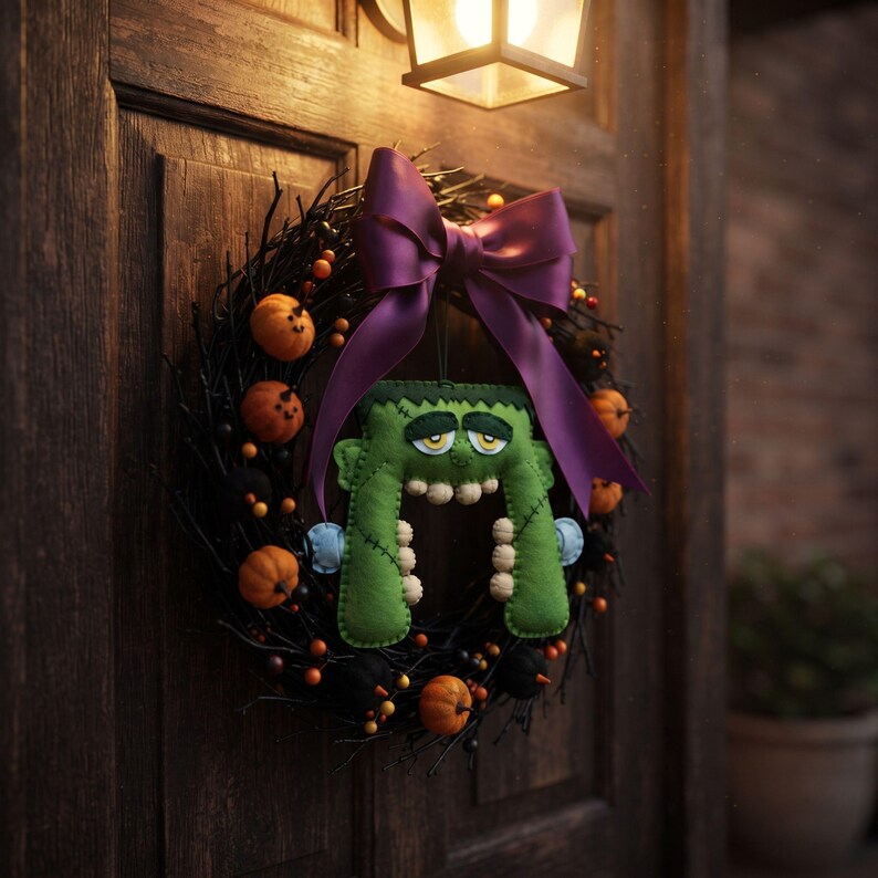 Green felt Frankenstein monster ornament tucked into a Halloween wreath on a dark front door.