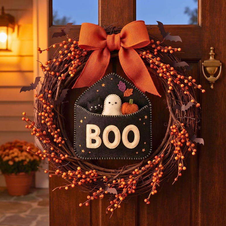 Halloween Envelope Felt Sewing Pattern, BOO Ornament PDF, Ghost Cat Pumpkin, Hand Sewing Pattern, Halloween Decor