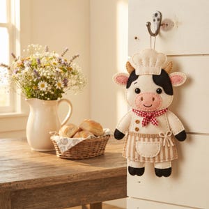 Baker Cow felt sewing pattern pieces arranged together, including cow head, black face patches, ears, horns, chef hat, jacket, arms, legs, apron, pocket, and neckerchief.